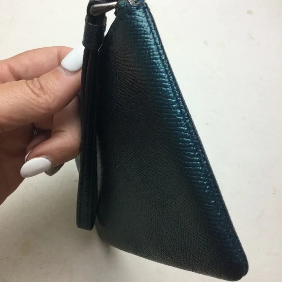 Coach Metallic Dark Teal Leather Corner Zip Wristlet - Picture 5 of 10
